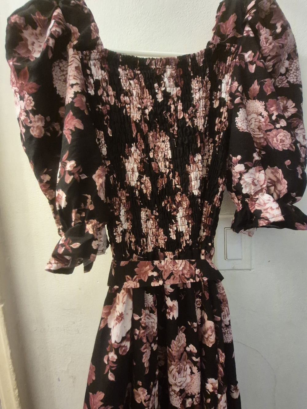 Floral Smocked Puff-Sleeve Maxi Dress in Black and Pink